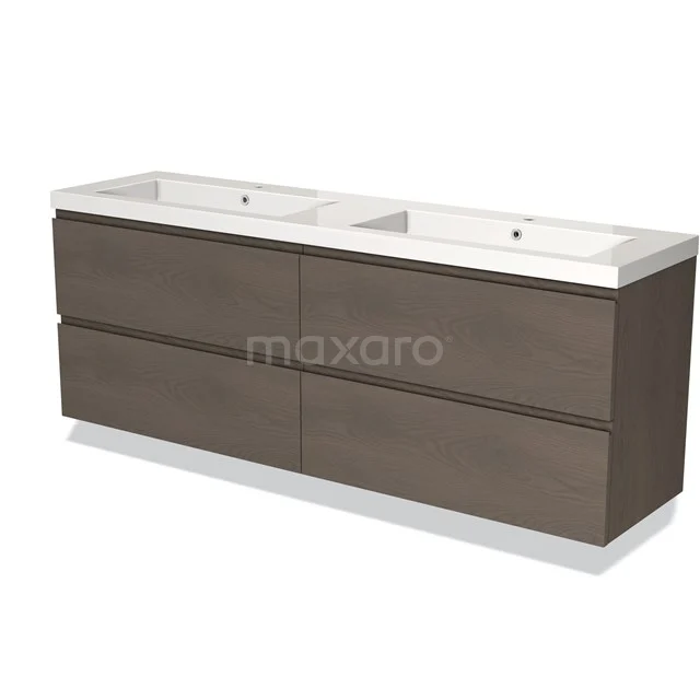 Doppelwaschbecken mit dunklem Holzschrank, modernes Badmöbel mit weißer Keramik, perfekt für eine luxuriöse Badezimmergestaltung.