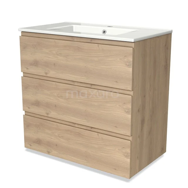 Badmöbel 80cm Modulo Hellbraune Eiche 3 Schubladen Griffloses Waschbecken Keramik BMW19-02017 Holz Badezimmermöbel mit drei Schubladen und weißem keramischen Waschbecken, ideal für einen modernen und natürlichen Badezimmer Stil.
