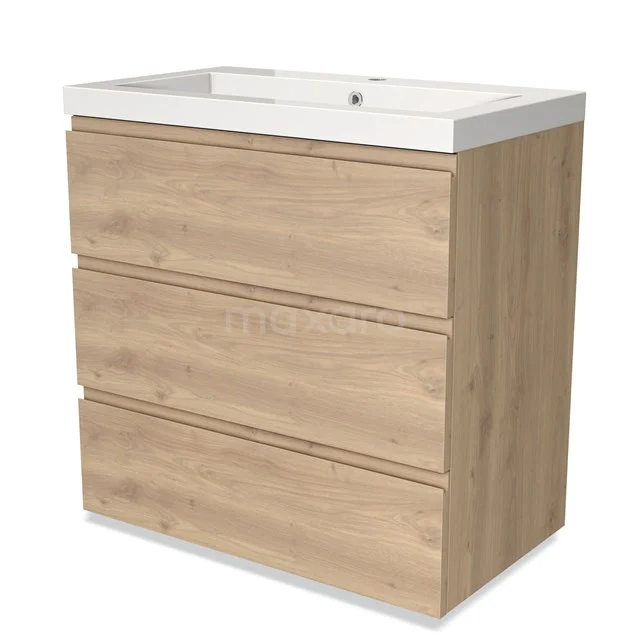 Badmöbel 80cm Modulo Hellbraune Eiche 3 Schubladen Griffloses Waschbecken Mineralguss BMW19-02019 Holz-Badmöbel mit Waschbecken, drei Schubladen in Eiche-Optik, modernes Design, perfekt für eine moderne Badezimmergestaltung.