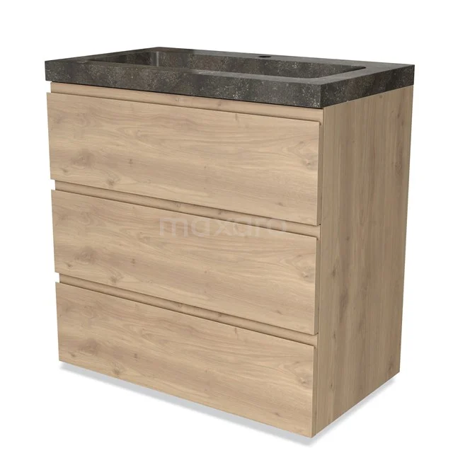 Hölzernes Badezimmermöbel mit drei Schubladen und einer dunklen Steine Waschtischplatte, ideal für stilvolle Badezimmerlagerung.