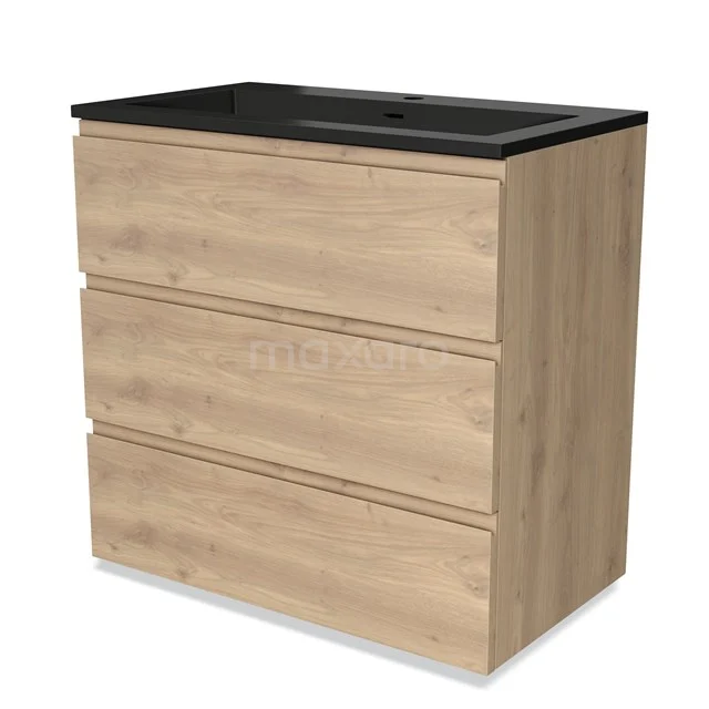 Wooden Bathroom unit with light oak finish, black sink and three drawers for stylish storage space in the bathroom.