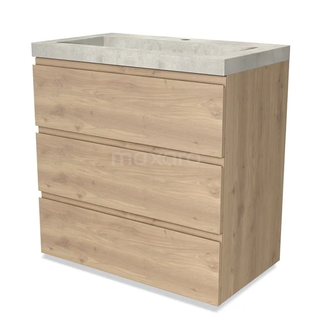 Wooden bathroom unit with three drawers and top in light grey concrete look, suitable for modern bathroom fittings.