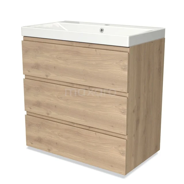 Wooden bathroom unit with three drawers and white ceramic basin, modern design, ideal for compact bathrooms.