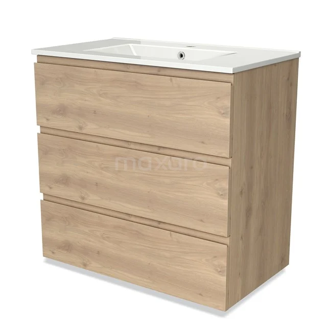 Wooden bathroom unit with three drawers, natural-coloured design, including white sink, ideal for modern bathroom design.
