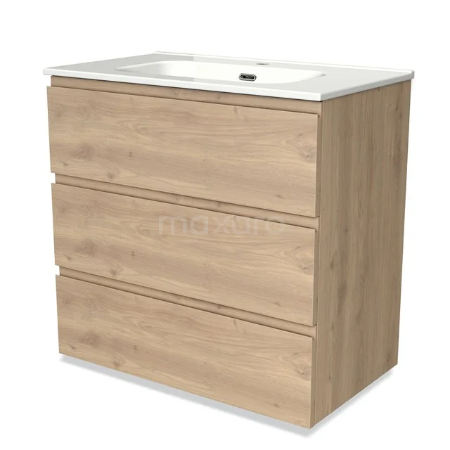 Wooden bathroom unit with light oak finish, three drawers and a white ceramic basin, modern and practical design.