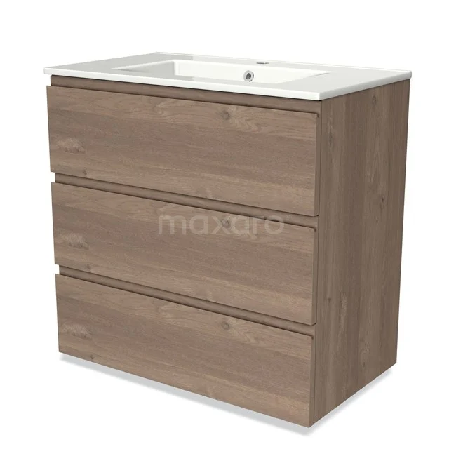 Holz Badezimmermöbel mit Waschbecken, drei Schubladen in natürlichem Eichen-Look, perfekt für stilvolle und praktische Badezimmerlagerung.