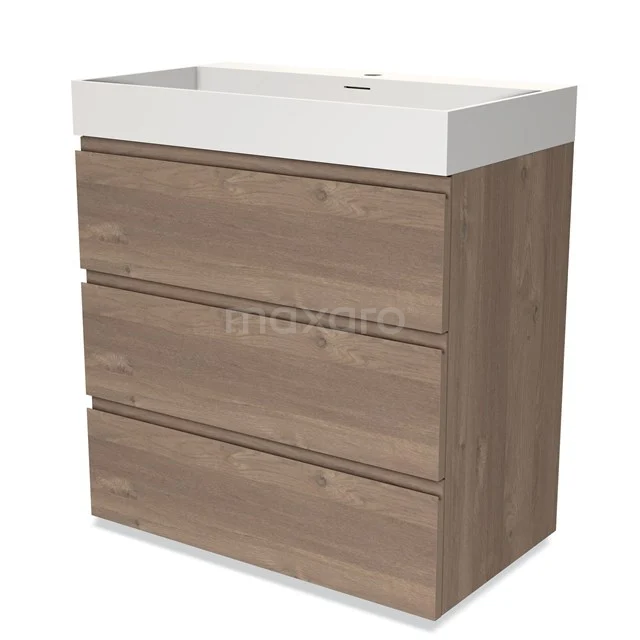 Badmöbel 80cm Modulo Mittelbraune Eiche 3 Schubladen Griffloses Waschbecken Solid Surface BMW19-02040 Holz-Badmöbel mit Waschbecken, drei Schubladen in Eichenoptik. Schlichtes Design für ein modernes und funktionales Badezimmer.