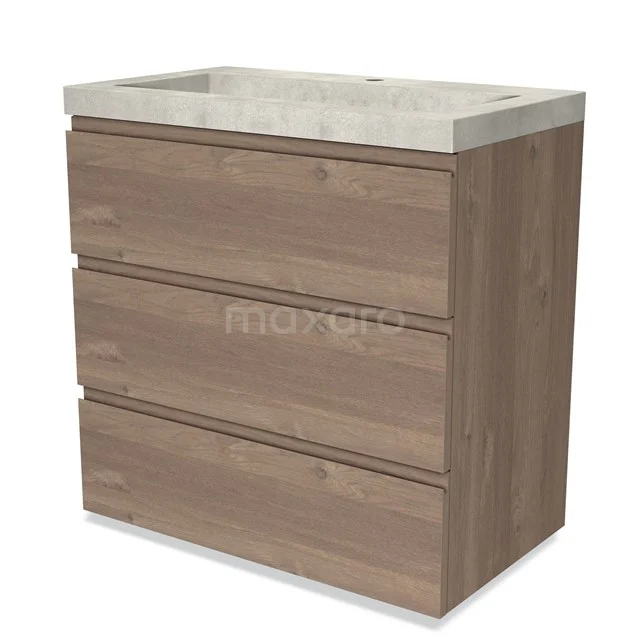 Modulo Vanity units with basin | 80 cm Mid brown oak Handle-less front Concrete 3 drawers BMW19-02043