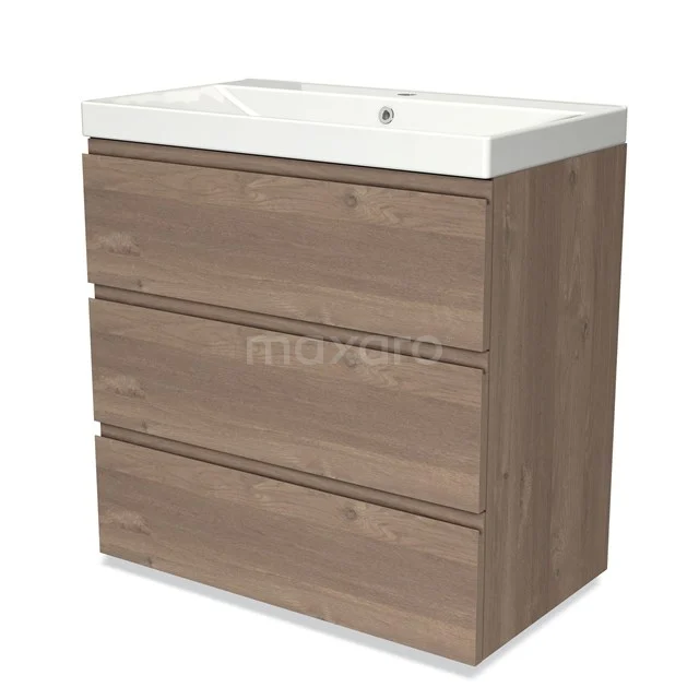 Modulo Vanity units with basin | 80 cm Mid brown oak Handle-less front Ceramic 3 drawers BMW19-02044