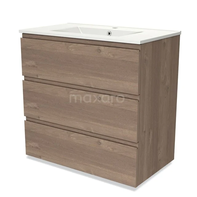 Wooden bathroom unit with three drawers, natural oak look, including white vanity units with basin.