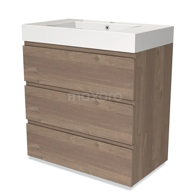 Wooden bathroom unit with basin, three drawers and natural wood look, ideal for practical and stylish bathroom storage.
