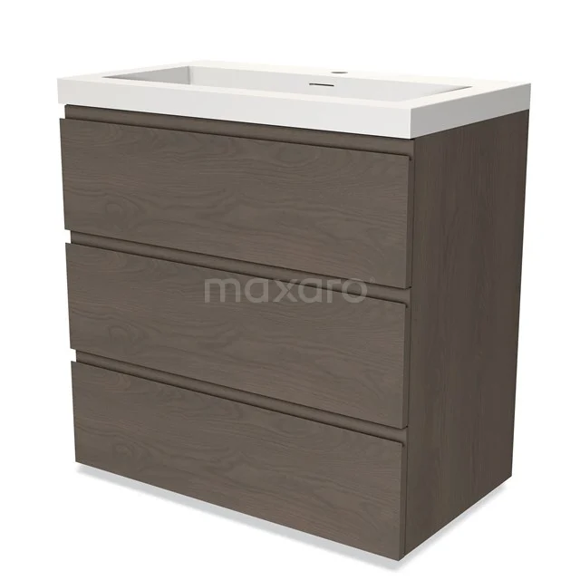 Modern wooden bathroom unit with dark oak finish, three drawers and integrated white vanity units with basin.