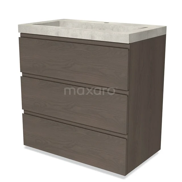Brown wooden bathroom cabinet with three drawers and a natural stone basin, ideal for modern bathroom storage.