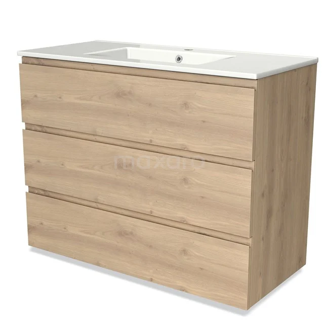 Badkamermeubel met wastafel, drielaags ladekast in licht eikenhout, modern design voor stijlvolle badkameropslag.