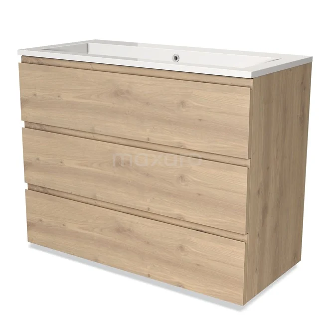 Houten badkamermeubel met drie brede lades, eikenlook afwerking en geïntegreerde witte wastafel, ideaal voor moderne badkamers.