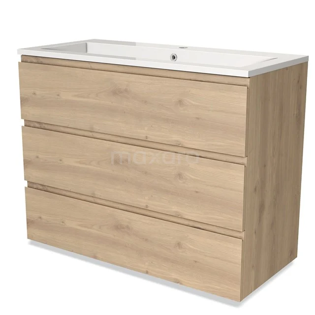 Houten badkamermeubel met wastafel, moderne rechthoekige vorm, drie lades en een lichte eiken afwerking voor een stijlvolle badkamer.