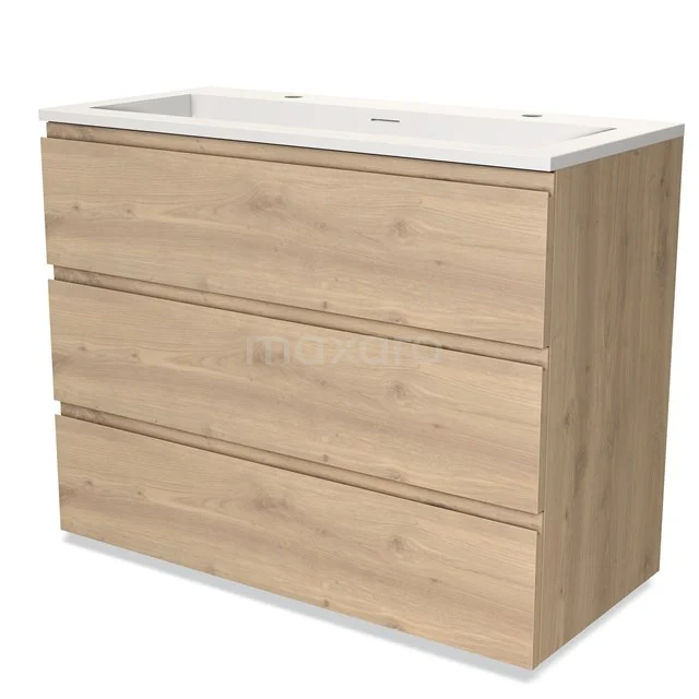 Houten badkamermeubel met drie lades, licht eiken look, voorzien van wit wasblad, perfect voor een moderne badkamerstijl.