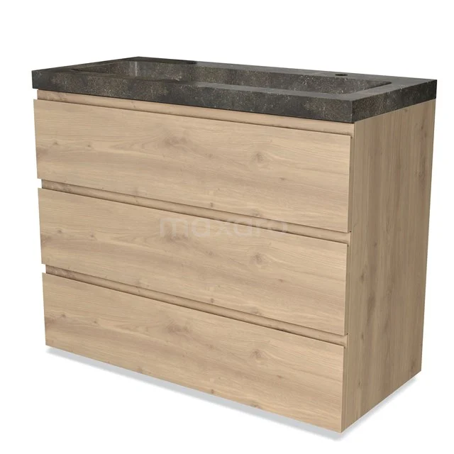 Houten badkamerkast met drie lades en grijze natuurstenen wastafel, ideaal voor stijlvolle opbergruimte in de badkamer.
