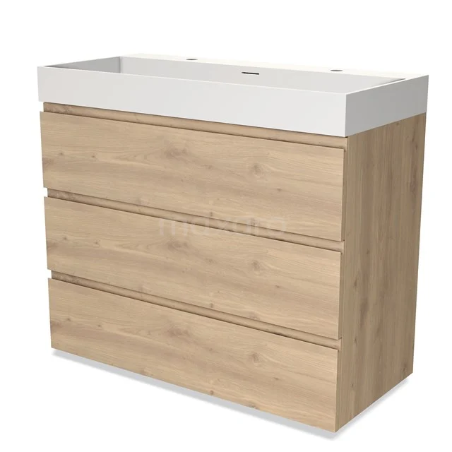 Houten badkamermeubel met drie lades en witte wastafel, modern design in eikenlook, ideaal voor een stijlvolle badkamer.