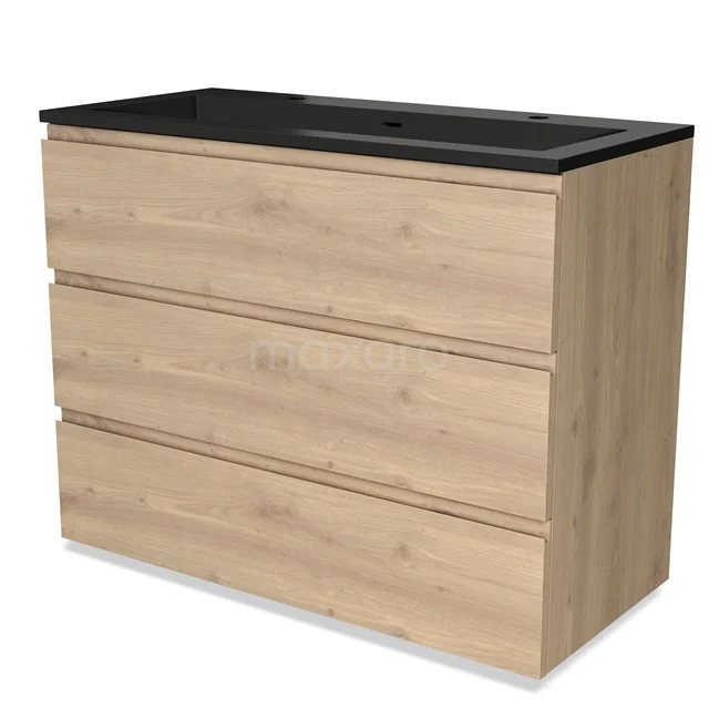 Houten badkamermeubel met drie lades en een zwart wastafelblad, modern design, ideaal voor stijlvolle badkameropslag.