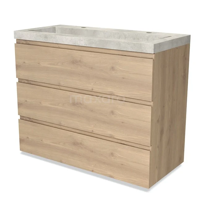Houten badkamerkast met drie lades en een witte marmeren wastafel, perfect voor stijlvolle badkameropslag.