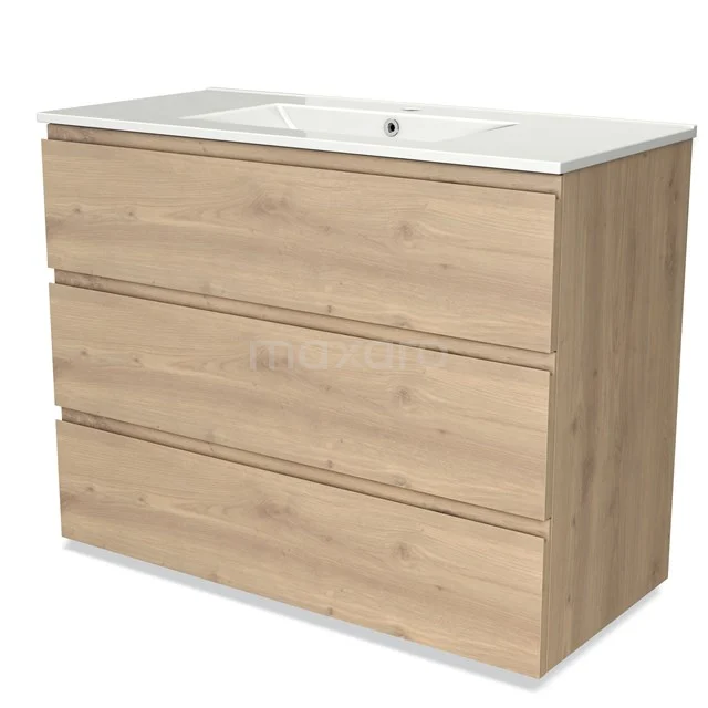 Houten badkamermeubel met witte wastafel, drie lades en natuurlijke eiken afwerking, ideaal voor een moderne badkamer.