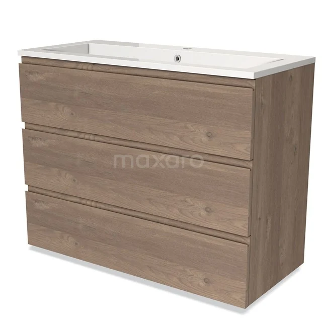 Modulo Vanity units with basin | 100 cm Mid brown oak Handle-less front Mineral marble 3 drawers BMW19-02090