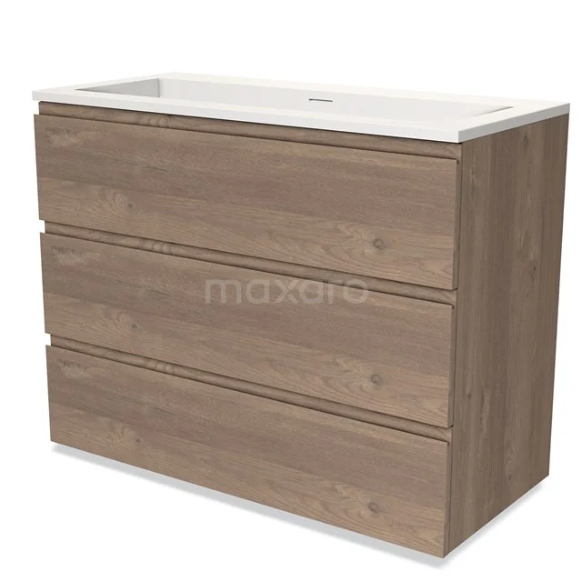 Modulo Vanity units with basin | 100 cm Mid brown oak Handle-less front Solid surface 3 drawers BMW19-02093