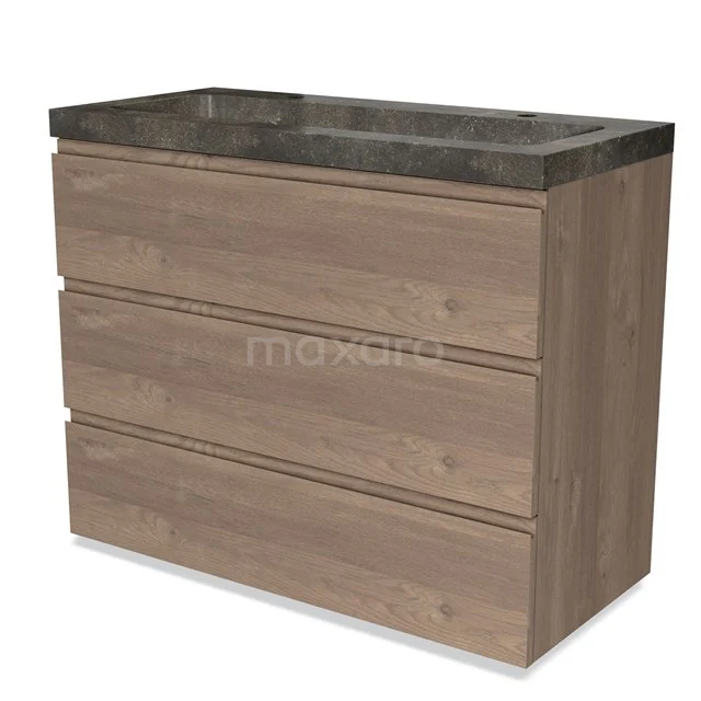Modulo Vanity units with basin | 100 cm Mid brown oak Handle-less front Natural stone 3 drawers BMW19-02095