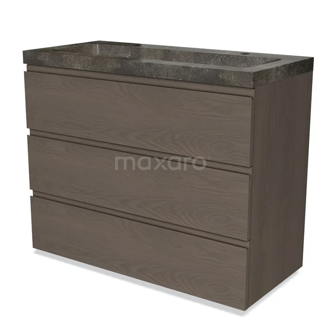 Bathroom unit wood-look, 3-drawer, with dark marble basin worktop, modern design for stylish bathrooms.