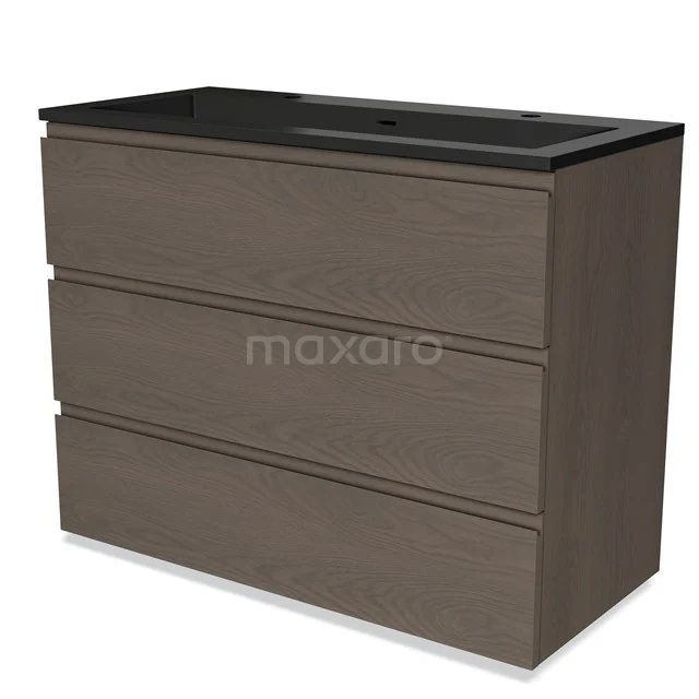 Wooden bathroom unit with dark grey basin worktop, three drawers and modern design, perfect for a stylish bathroom.