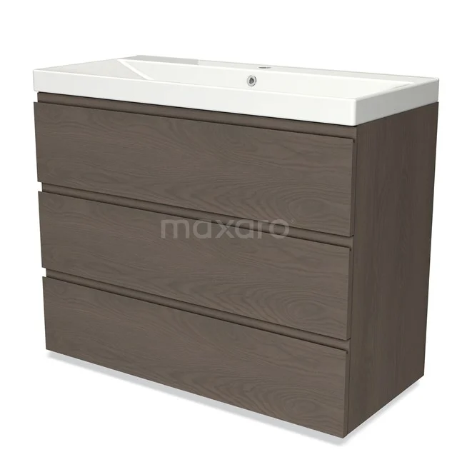 Wooden bathroom unit with three drawers, dark brown, Vanity units with basin made of ceramic, modern design for stylish bathroom storage.