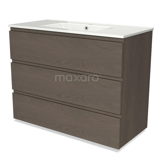 Modulo Vanity units with basin | 100 cm Dark brown oak Handle-less front Ceramic 3 drawers BMW19-02121