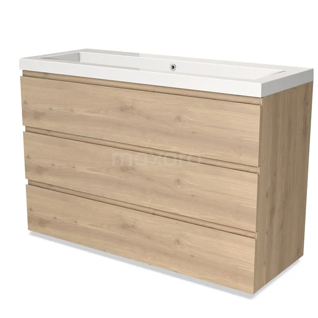 Holz Badezimmermöbel mit drei Schubladen, heller Eiche Oberflächenbehandlung und integrierten weißen Waschbecken, modernes und stilvolles Design.