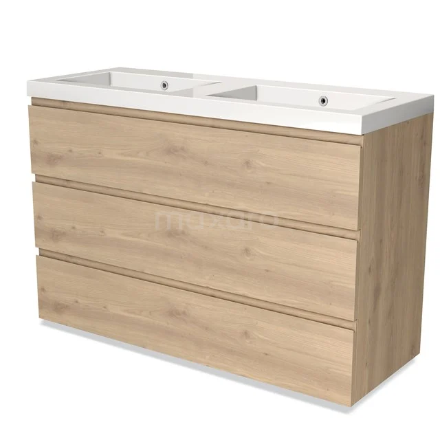 Holz Badmöbel mit Doppelwaschbecken, natürliche Eiche Optik, modernes Design und drei geräumige Schubladen für praktische Badezimmerlagerung.