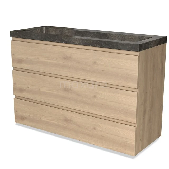 Oak bathroom unit with three drawers and black marble basin worktop, modern design for stylish bathrooms.