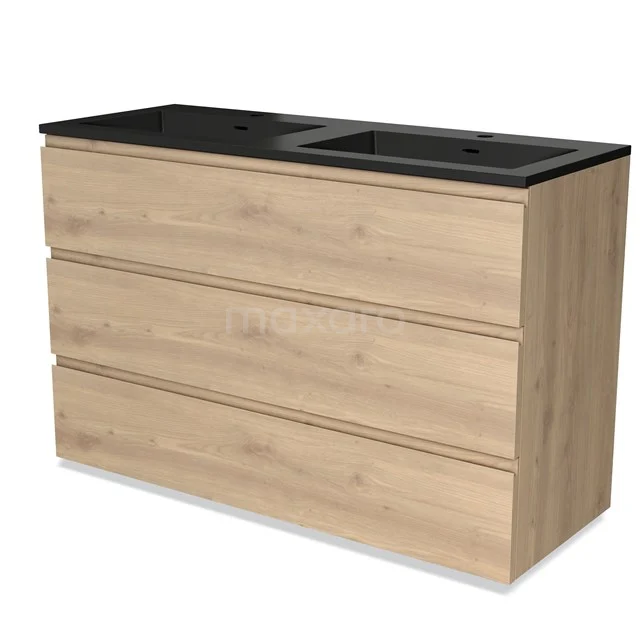 Holz Badezimmermöbel mit doppeltem Schwarz Waschbecken, modernes Design, drei Schubladen und natürlicher Eiche Holzoptik.