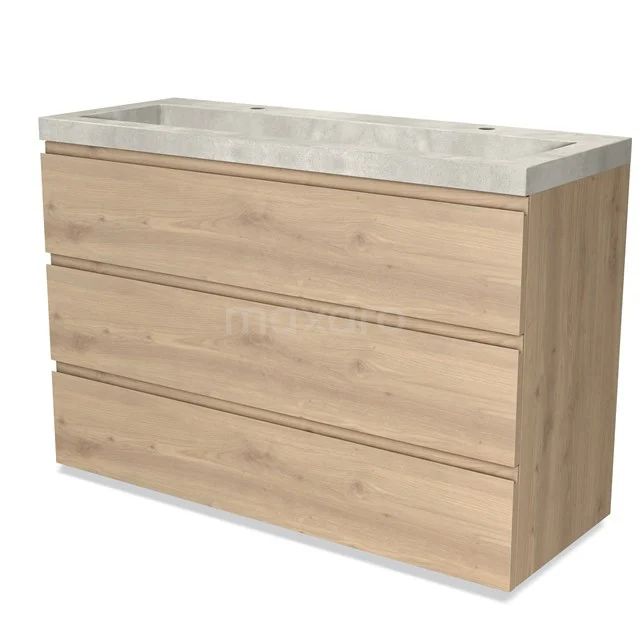 Holz Badezimmermöbel mit drei Schubladen und einem Marmorlook Waschbecken; modernes Design, ideal für ein stilvolles Badezimmer.