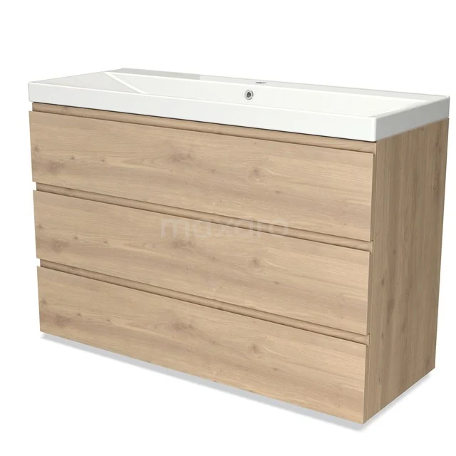 Badmöbel 120cm Modulo Hellbraune Eiche 3 Schubladen Griffloses Waschbecken Keramik BMW19-02146 Holz Badezimmermöbel mit drei Schubladen und integriertem weißen Waschbecken, modernes Design in heller Eiche Holz-Optik.