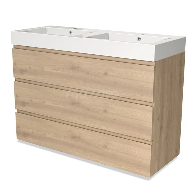 Holz Badezimmermöbel mit Doppelwaschbecken, heller Eiche Farbe, drei Schubladen und modernem Design. Perfekt für ein geräumiges Badezimmer.