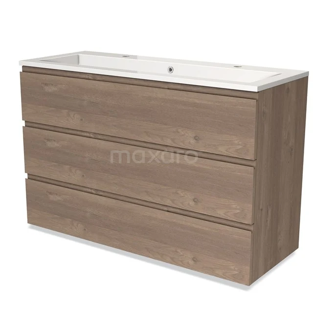 Wooden vanity unit with three drawers and white ceramic basin; perfect for a modern bathroom.