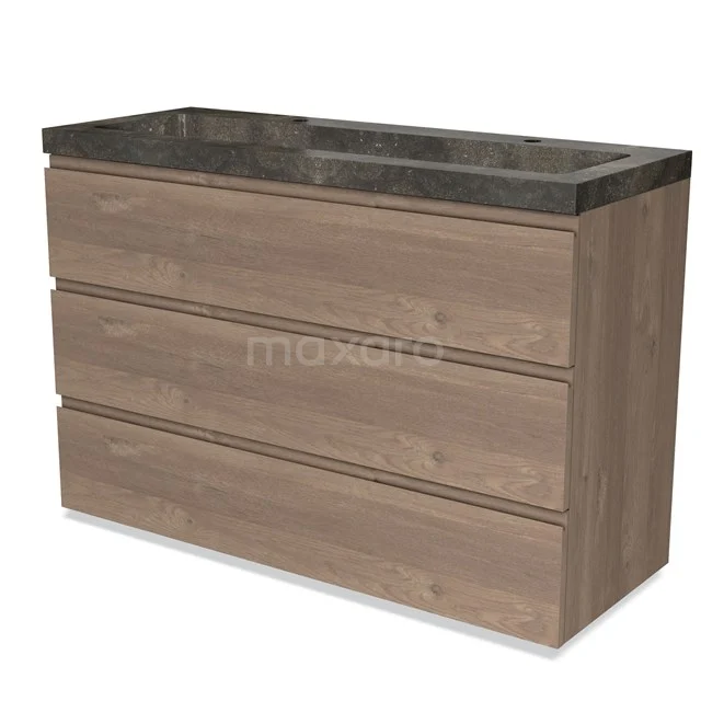 Badmöbel 120cm Modulo mittelbraune Eiche 3 Schubladen griffloses Waschbecken Naturstein blau BMW19-02165 Holz Badezimmermöbel mit drei Schubladen und einem dunkelgrauen Naturstein Waschbecken, ideal für einen modernen Stil.
