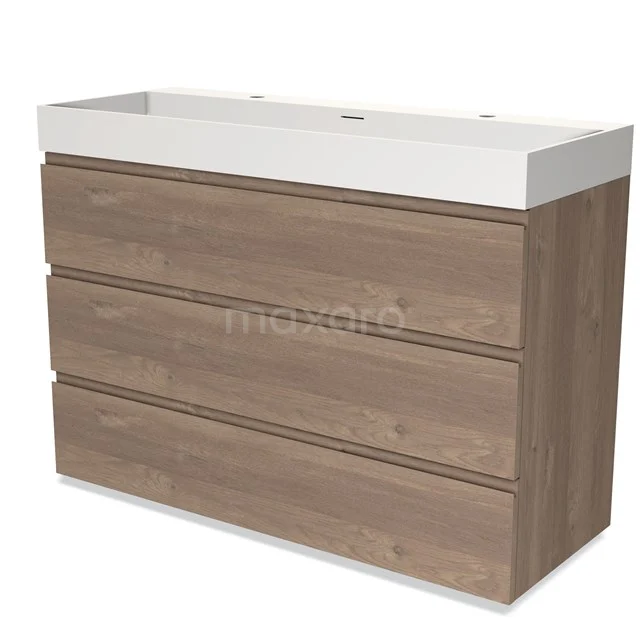 Modulo Vanity units with basin | 120 cm Mid brown oak Handle-less front Solid surface 3 drawers BMW19-02167 Wooden bathroom unit with three drawers, light brown oak design, including white ceramic basin worktop, modern and stylish.