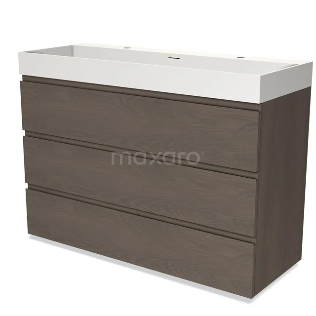 Wooden bathroom unit with three drawers in walnut colour, white basin worktop and sleek modern design.