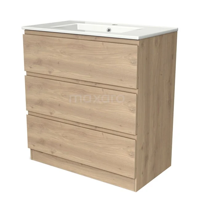 Wooden bathroom unit with light Oak finish, three drawers and built-in white basin, ideal for modern bathrooms.
