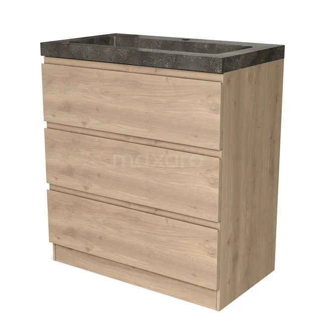 Holz-Badmöbel mit drei Schubladen und dunkelgrauer Stein-Waschtischplatte, ideal für stilvolle und praktische Badezimmerlagerung.