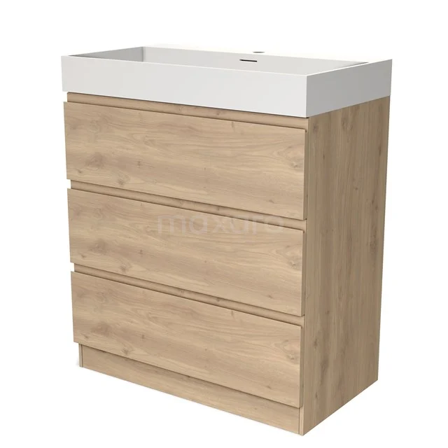 Modulo Bathroom furniture with sink | 80 cm Light brown oak Handle-less front Solid surface 3 standing drawers BMW19S-00512 Wooden bathroom unit with white vanity units with basin, three drawers, modern design, fits perfectly in a stylish bathroom decor.