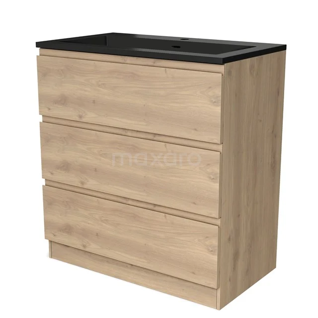 Holz Badschrank mit drei Schubladen, Naturholzoptik und Schwarz Waschtischplatte, perfekt für stilvolle Badezimmerlagerung.