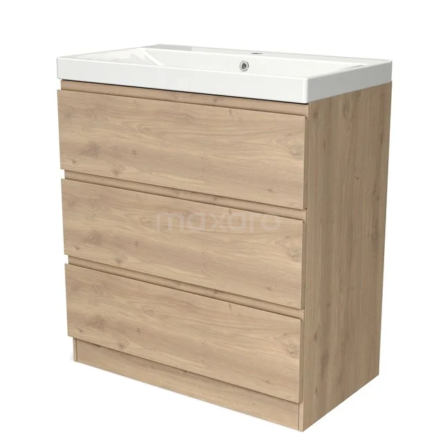 Holz Badezimmermöbel mit drei Schubladen, moderne Ausführung und weißem Waschbecken; ideal für eine stilvolle Badezimmerlagerung.