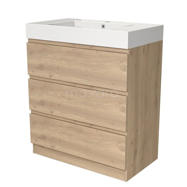 Badmöbel 80cm Modulo Hellbraune Eiche 3 Schubladen Griffloses Waschbecken Mineralguss BMW19S-00519 Holz Badmöbel mit Waschbecken, 4 Schubladen, modernes Design, weißer Keramik und Eiche für ein stimmungsvolles Badezimmer.